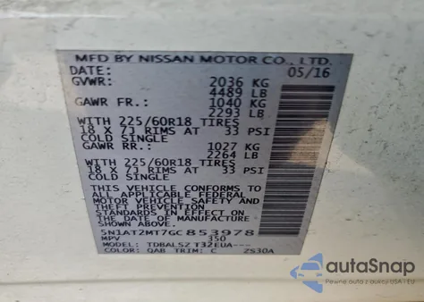 2016 Nissan Rogue S z USA, uszkodzony, nr VIN 5N1AT2MT7GC853978